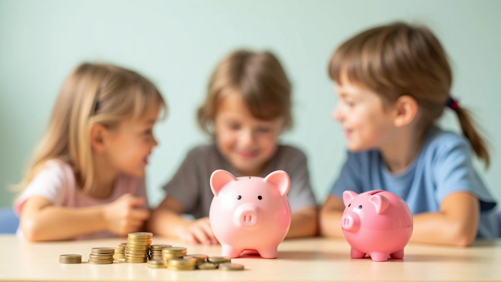 Enfants apprenant les bases de l'épargne avec tirelires colorées et pièces de monnaie