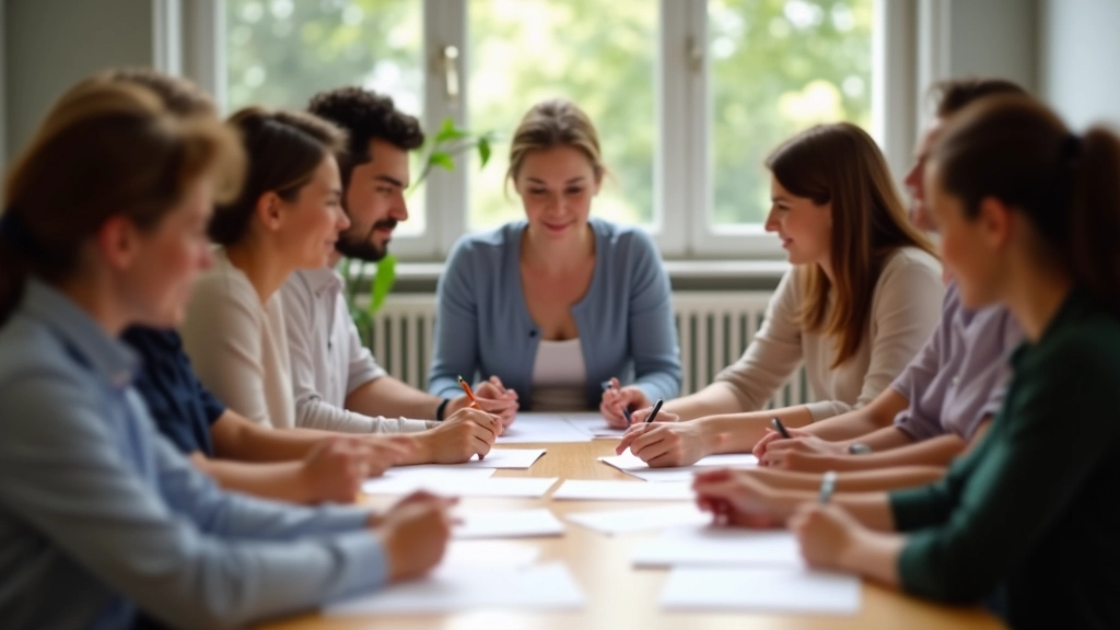 Groupe diversifié en atelier communautaire participant à une discussion sur les finances familiales
