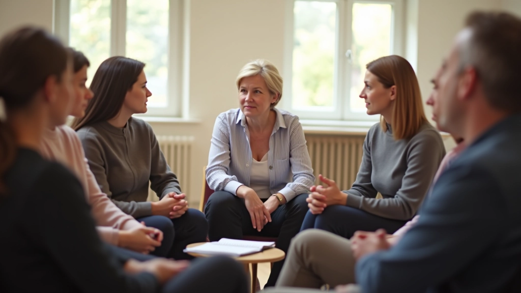 Groupe de personnes participantes assises en cercle dans une salle d'atelier lumineuse