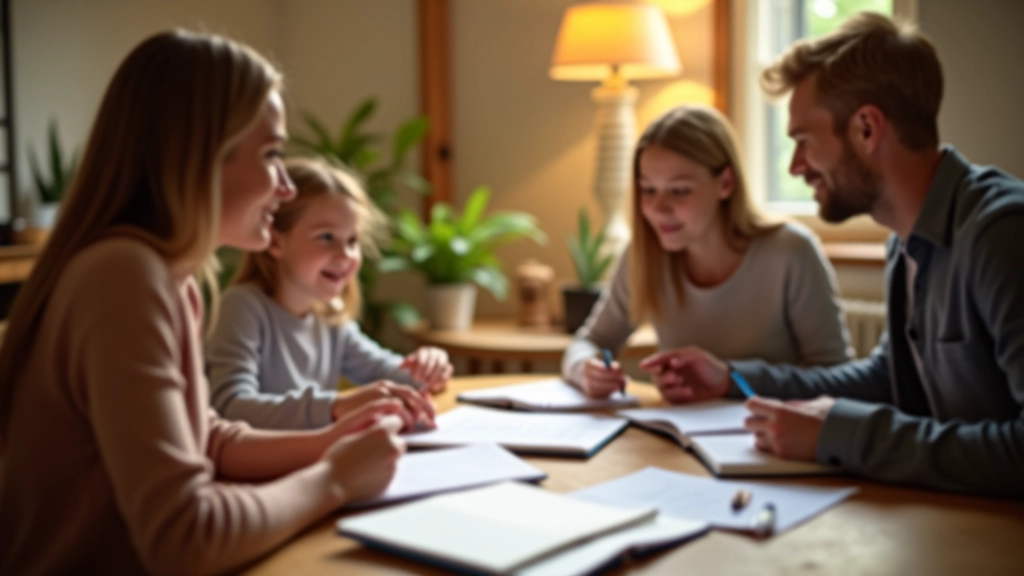 Famille autour d'une table discutant finances avec documents et notes