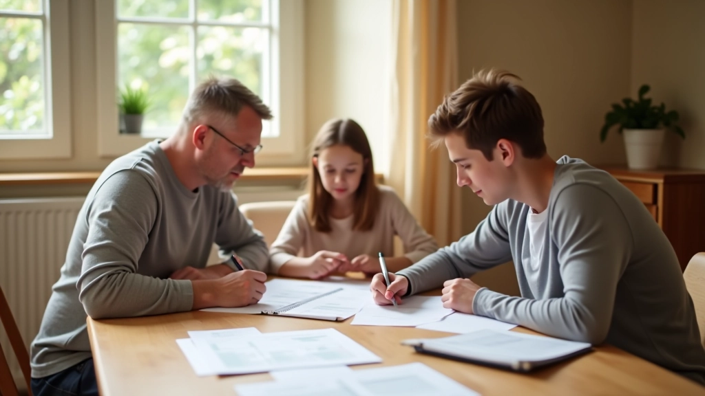 Famille assise autour d'une table, consultant un planning financier et des documents budgétaires