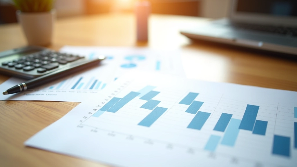 Tableau avec graphiques financiers et calculatrice sur un bureau de travail moderne
