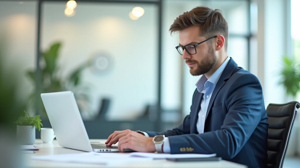 Bureau moderne avec ordinateur affichant des données économiques et documents financiers