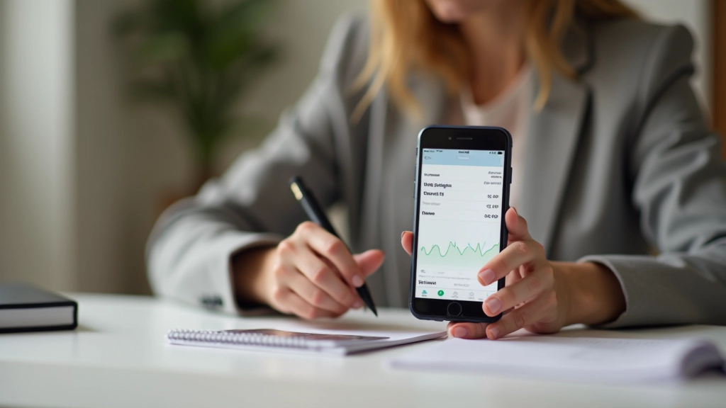 Femme utilisant une application de budgeting sur smartphone, avec cartes bancaires et notes financières à côté