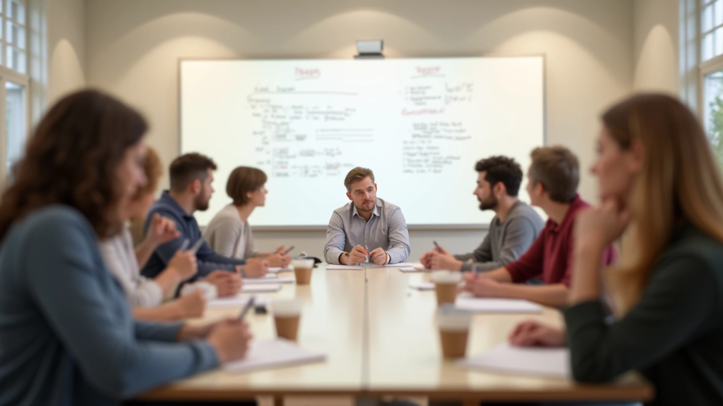 Personnes dans une salle d'atelier avec tableau blanc et notes collaboratives